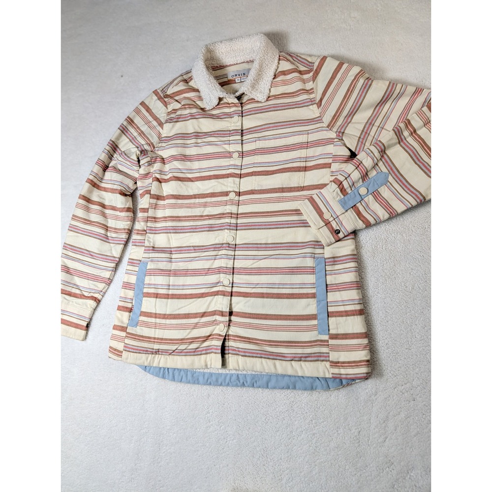 Orvis Sherpa Lined Striped Shirt Jacket Shacket Cream Tan Blue Small Gorpcore